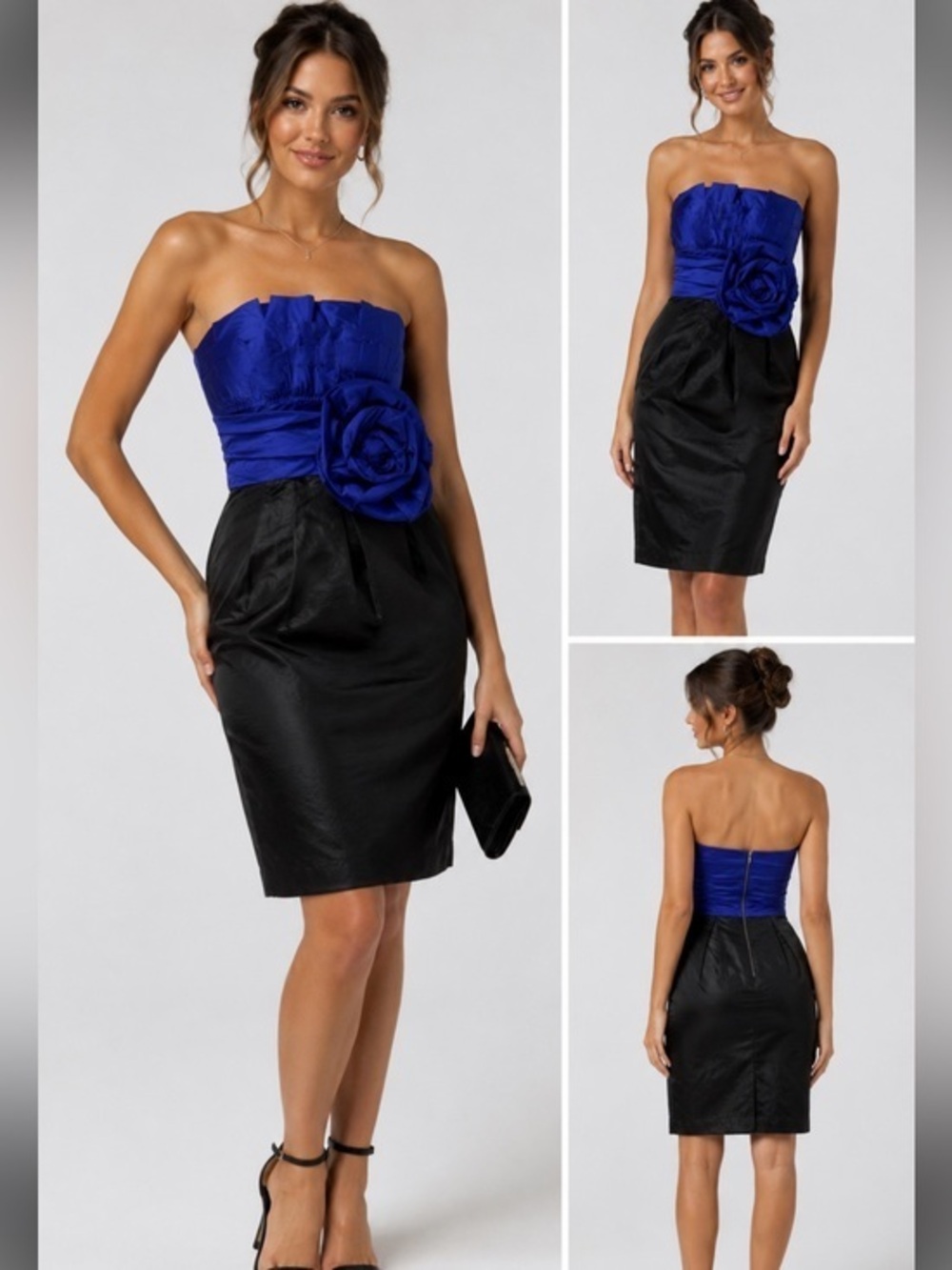 Max and Cleo Sapphire Blue Rosette Strapless Cocktail Dress Size 8 NWT